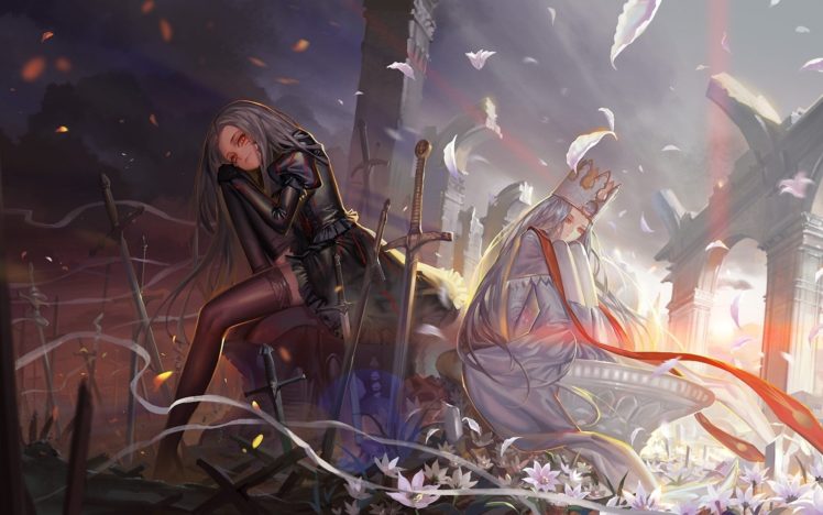 girls, Battlefield, Weapon, Sword, Flowers, Petals, Crown, Arch, Ruins HD Wallpaper Desktop Background