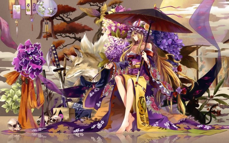 girl, Wolf, Umbrella, Kimono, Skull, Flowers, Lights, Sword, Katana, Hydrangea, Tube, Tree HD Wallpaper Desktop Background