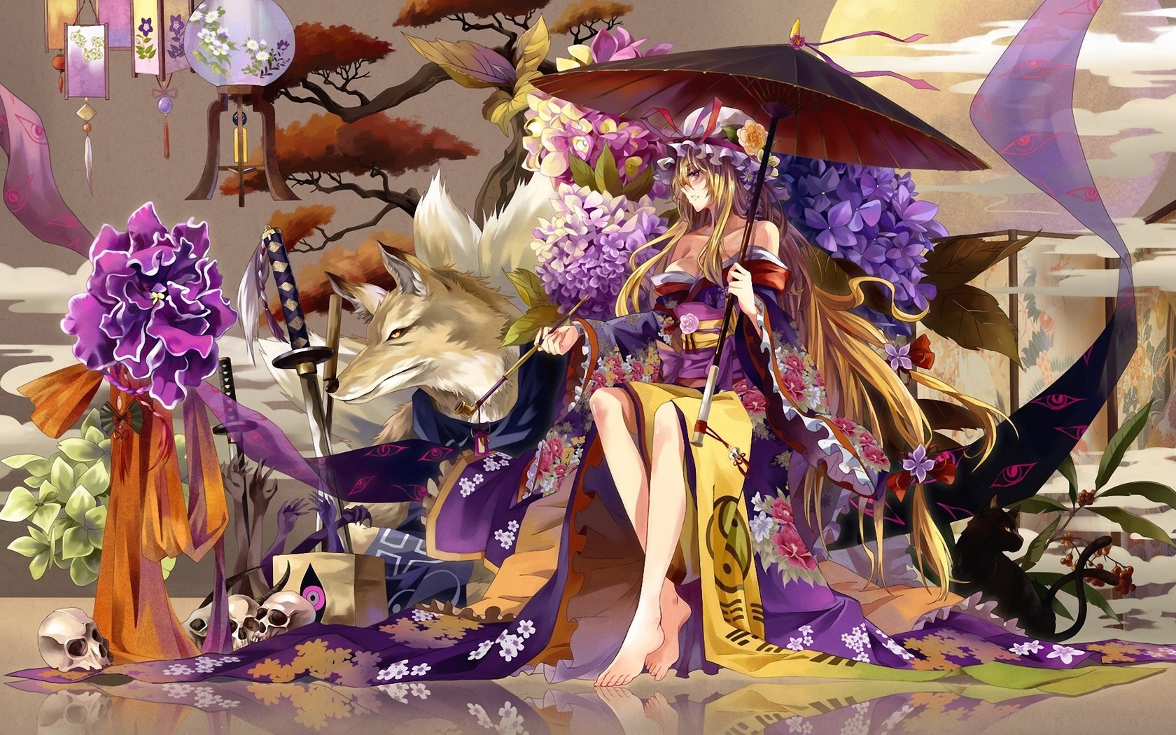 girl, Wolf, Umbrella, Kimono, Skull, Flowers, Lights, Sword, Katana, Hydrangea, Tube, Tree Wallpaper