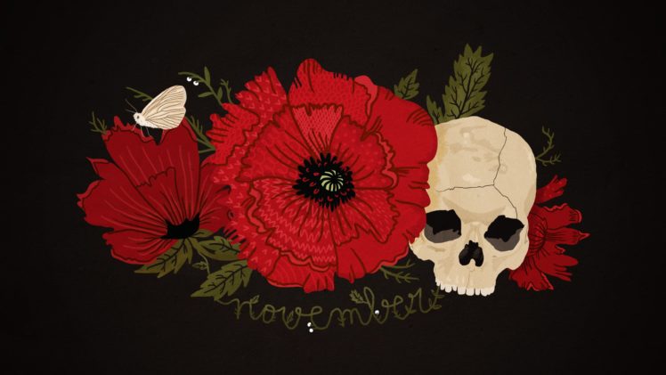 black, Red, Poppy, Skull, Butterfly, Flower, November HD Wallpaper Desktop Background