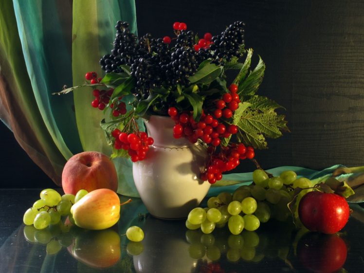 fruit, Berries, Grapes, Apples, Peaches, Still, Life, Vase, Apples HD Wallpaper Desktop Background