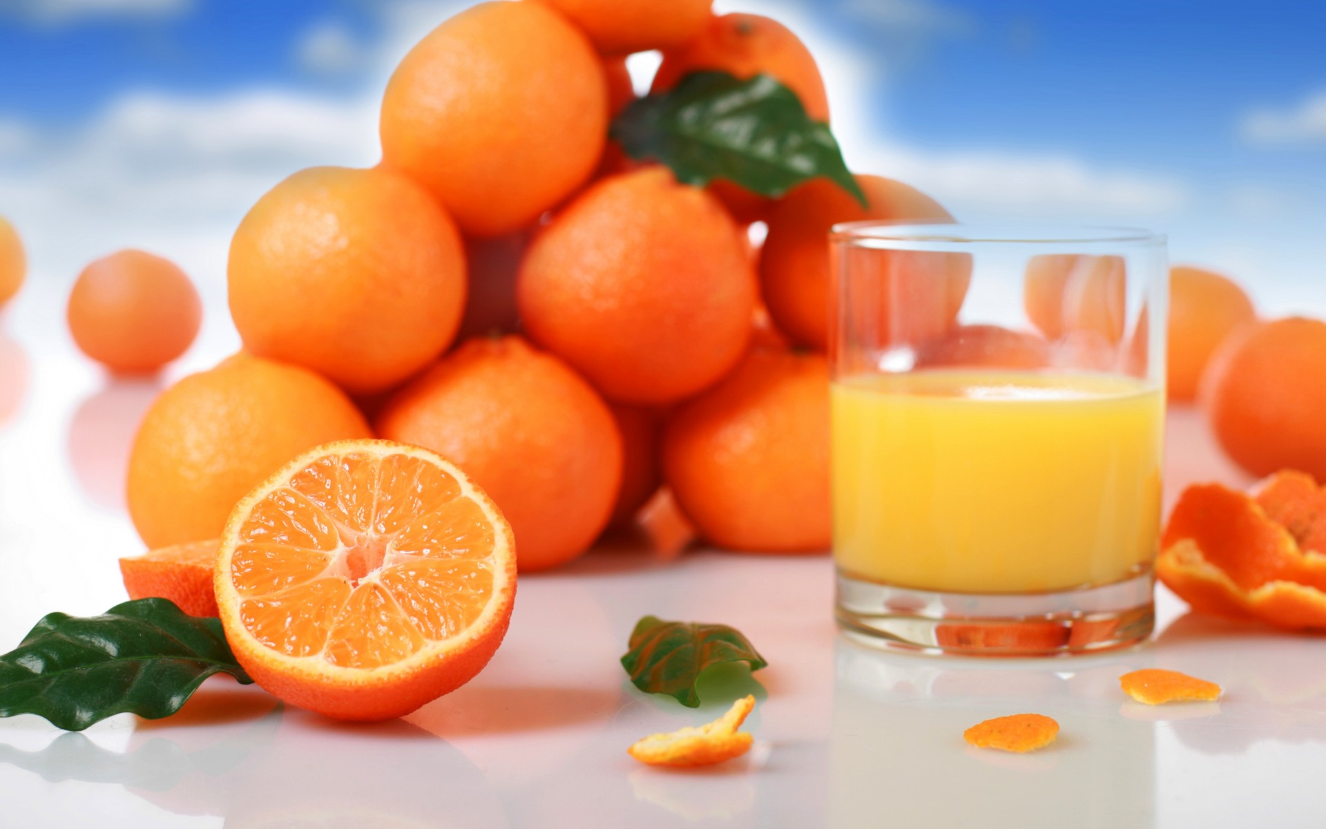 juice, Orange, Juice, Fruit, Oranges, Citrus, Fruits, Glass, Leaves Wallpaper