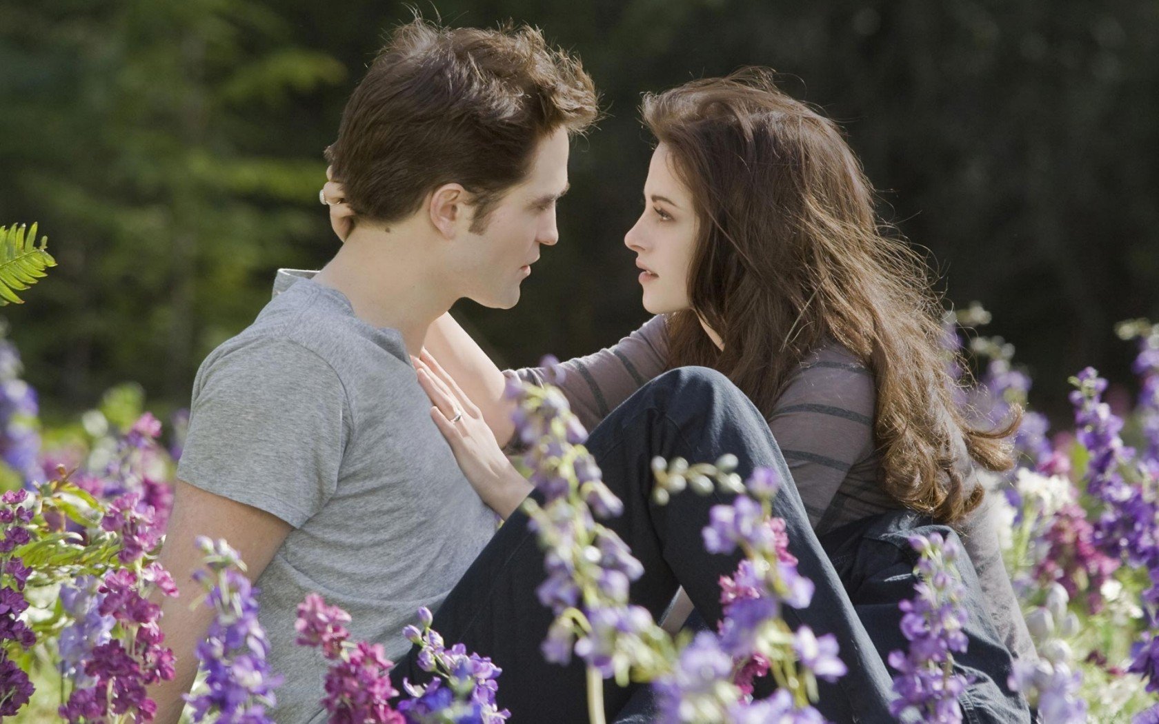 twilight, Edward, Bella, Robert, Pattinson, Flowers, Kristen, Stewart, Meadow, Love, Pair, Romance Wallpaper