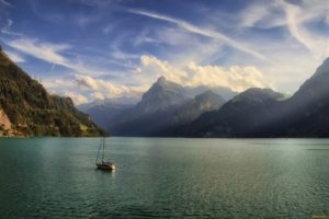switzerland, Lake, Boats, Mountains, Clouds