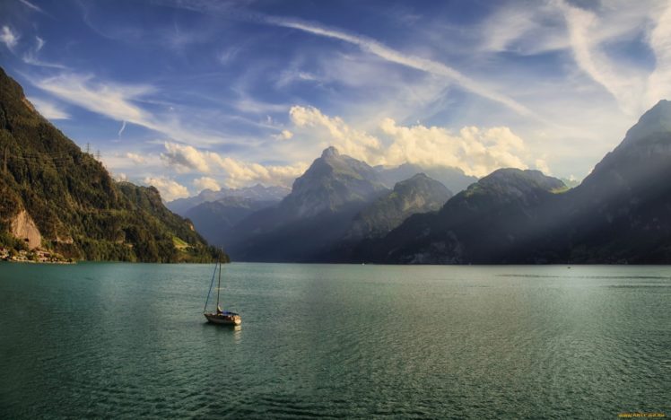 switzerland, Lake, Boats, Mountains, Clouds HD Wallpaper Desktop Background