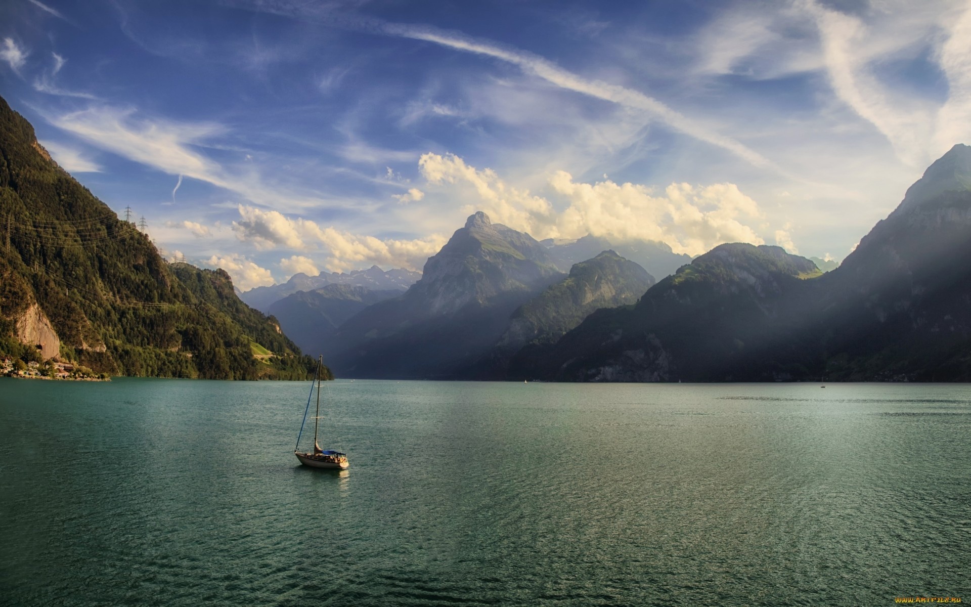 switzerland, Lake, Boats, Mountains, Clouds Wallpaper