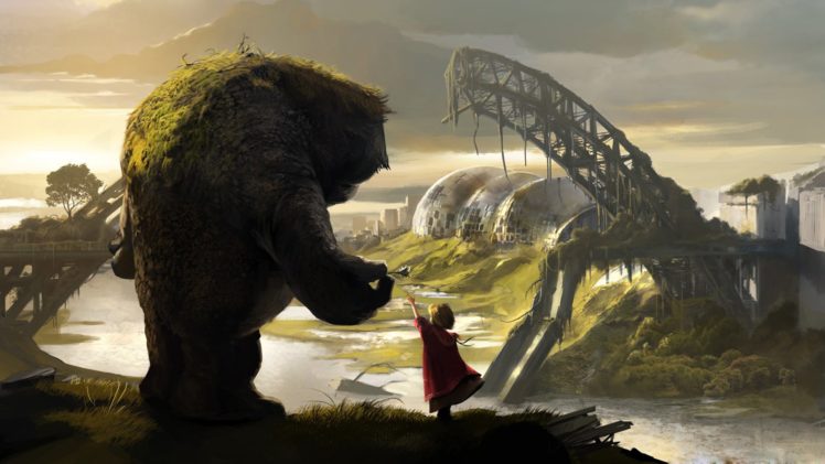 friendship, Painting city, Bridge, Collapsed, Giant, Monster HD Wallpaper Desktop Background