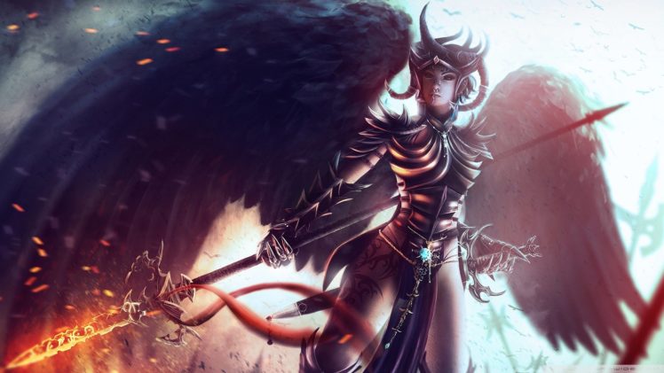 fantasy, Girl, Wing, Sword, Warrior, Devil, Fire, Magic HD Wallpaper Desktop Background