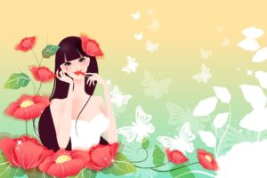 drawing, Girl, Flowers, Poppies, Red, Lipstick, Butterfly