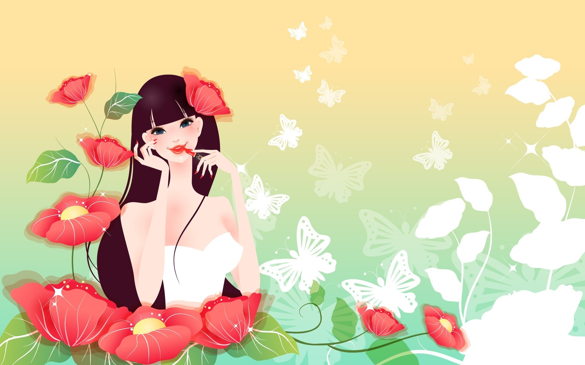 drawing, Girl, Flowers, Poppies, Red, Lipstick, Butterfly Wallpaper