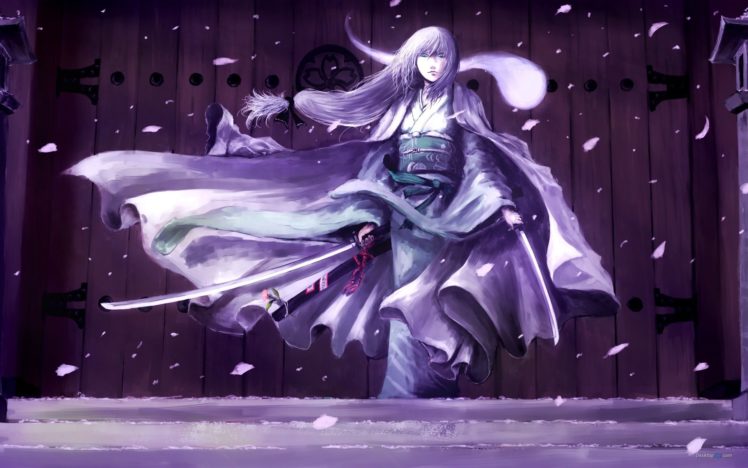 snow, Samurai, Girl, Katana, Sword, Kimono, Warrior, Flower, Pink, Door HD Wallpaper Desktop Background