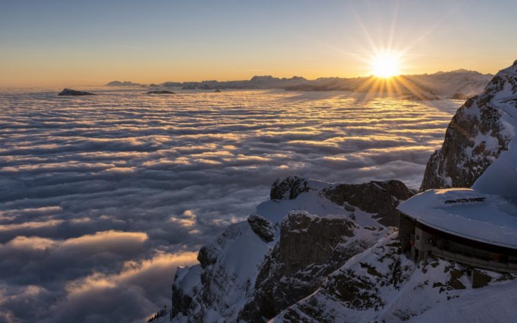 mountains, Switzerland, Clouds, Fog, Sunset, Sunrise HD Wallpaper Desktop Background