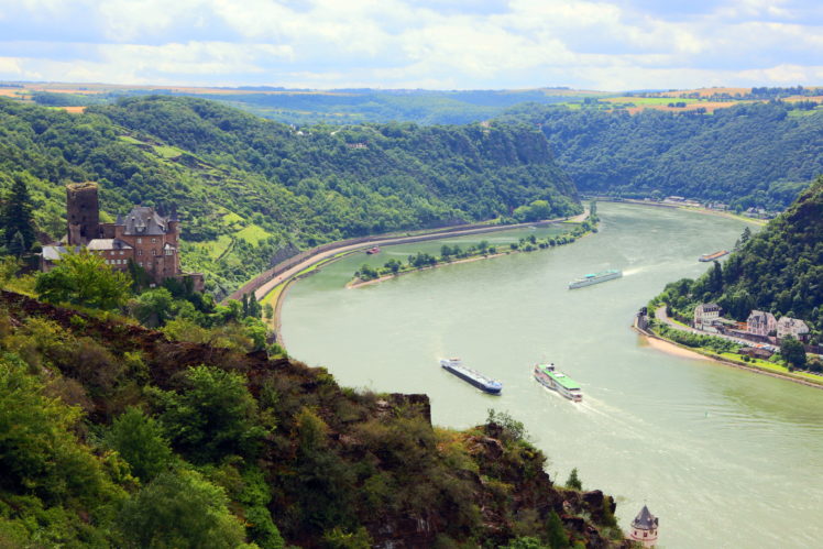 rivers, Germany, Scenery, Patersberg, Castle, Builings, Boats, Ships, Trees, Forest HD Wallpaper Desktop Background