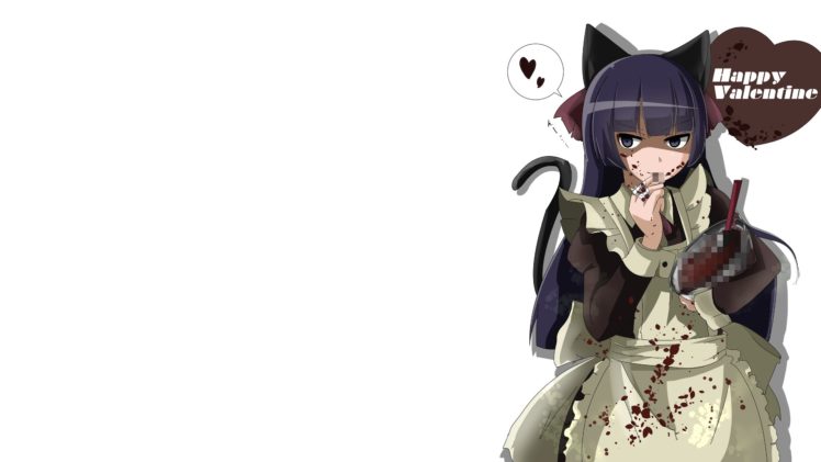 bandage, Catgirl, Censored, Chocolate, Gokou, Ruri, Kikyou,  mu, Na , Purple, Eyes, Purple, Hair, Tail, Valentine, White HD Wallpaper Desktop Background