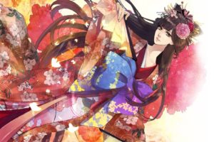 art, Girl, Kimono, Hairpins, Fan, Bow, Flowers, Butterflies