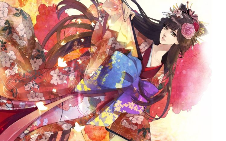 art, Girl, Kimono, Hairpins, Fan, Bow, Flowers, Butterflies HD Wallpaper Desktop Background