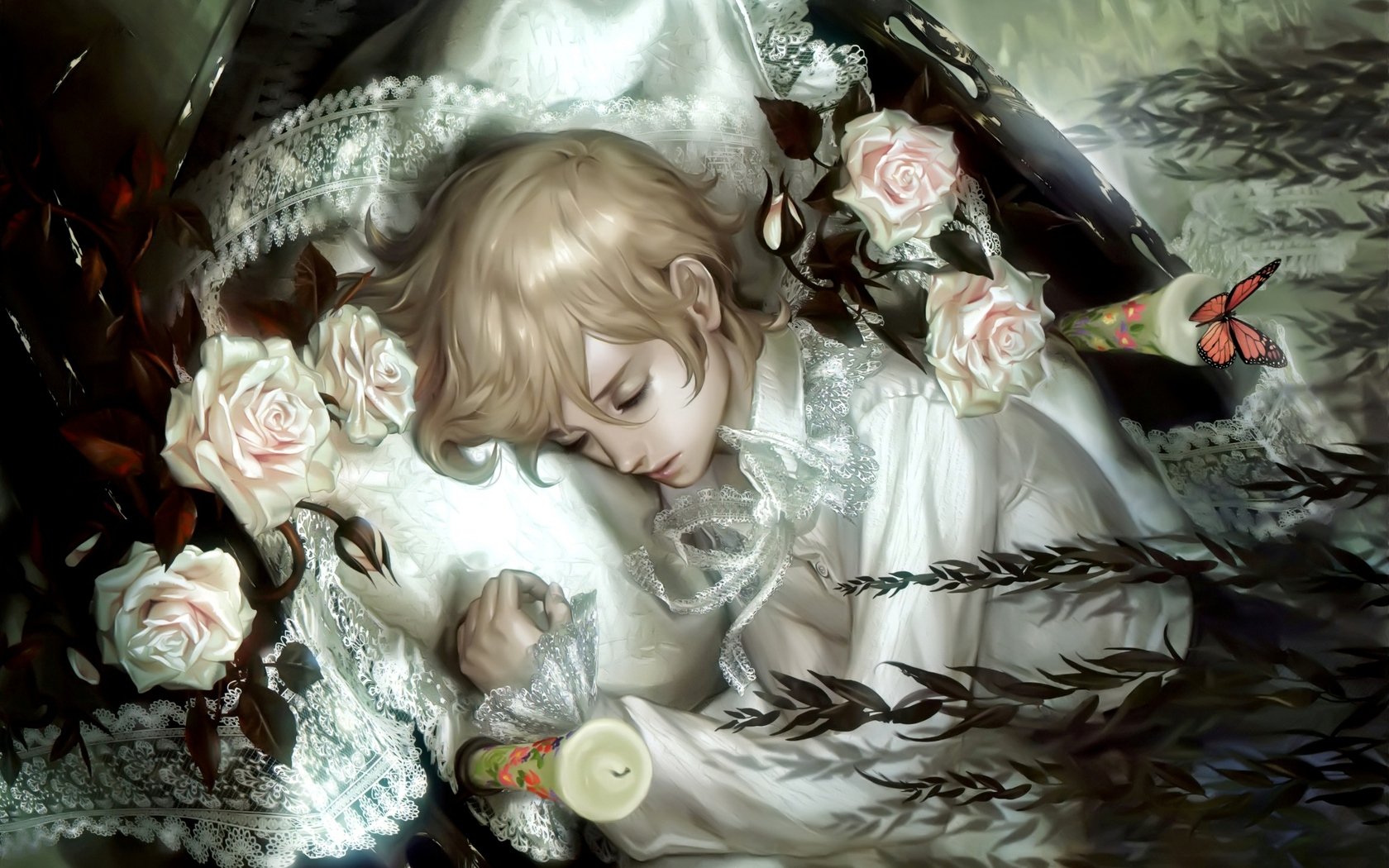 sleeping, Boy, Flowers, Rose, Candles, Butterflies, Story Wallpaper