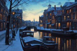 eugene, Lushpin, Painting, Lushpin, Amsterdam, Netherlands, Netherlands, Twilight, Winter, Snow, River, Boat, Home, Bridge, Bicycle, Lights, Lights