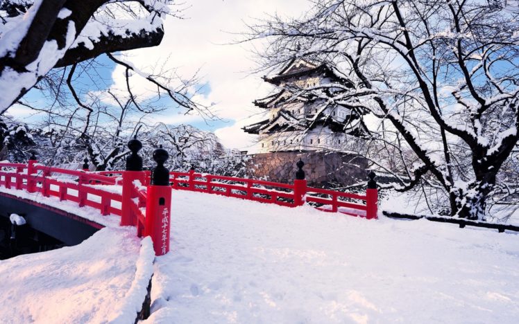 asian, Oriental, Winter, Snow, Bridge, Castle, Buildings, Architecture, Trees HD Wallpaper Desktop Background
