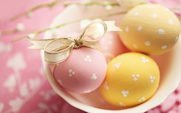eggs, Easter, Yellow, Pink, Ribbon, Tape, Disc, Holiday, Macro HD Wallpaper Desktop Background