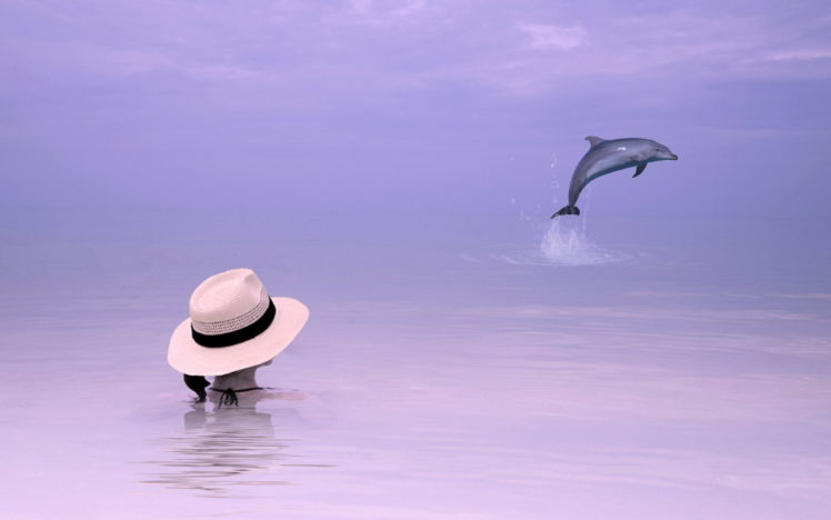 girl, Sea, Dolphin, Background, Style, Mood, Ocean, Dolphins, Sky, Women, Females HD Wallpaper Desktop Background