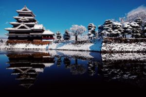 matsumoto, Castle, Raven, Sky, Water, Reflection, Winter, Snow, Japan, Water, Lakes, Buildings, Architecture, Asian, Oriental
