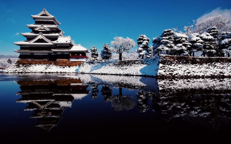 matsumoto, Castle, Raven, Sky, Water, Reflection, Winter, Snow, Japan, Water, Lakes, Buildings, Architecture, Asian, Oriental HD Wallpaper Desktop Background