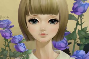painting, Dong, Xiao, Portrait, Face, Art, Flowers, Roses, Girl