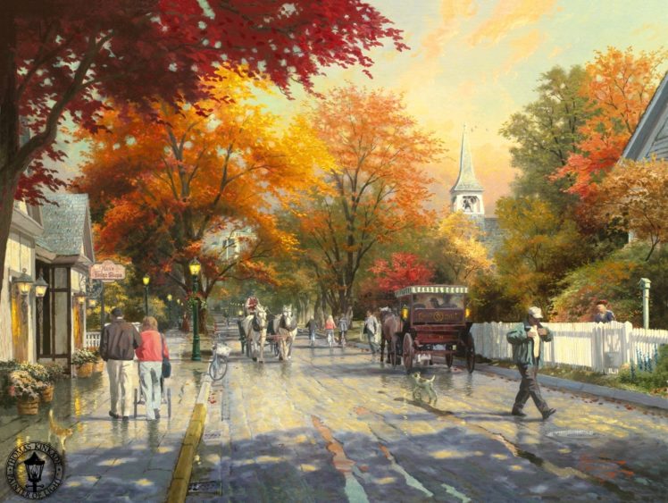 painting, Autumn, On, Mackinac, Island, Thomas, Kinkade, Town HD Wallpaper Desktop Background