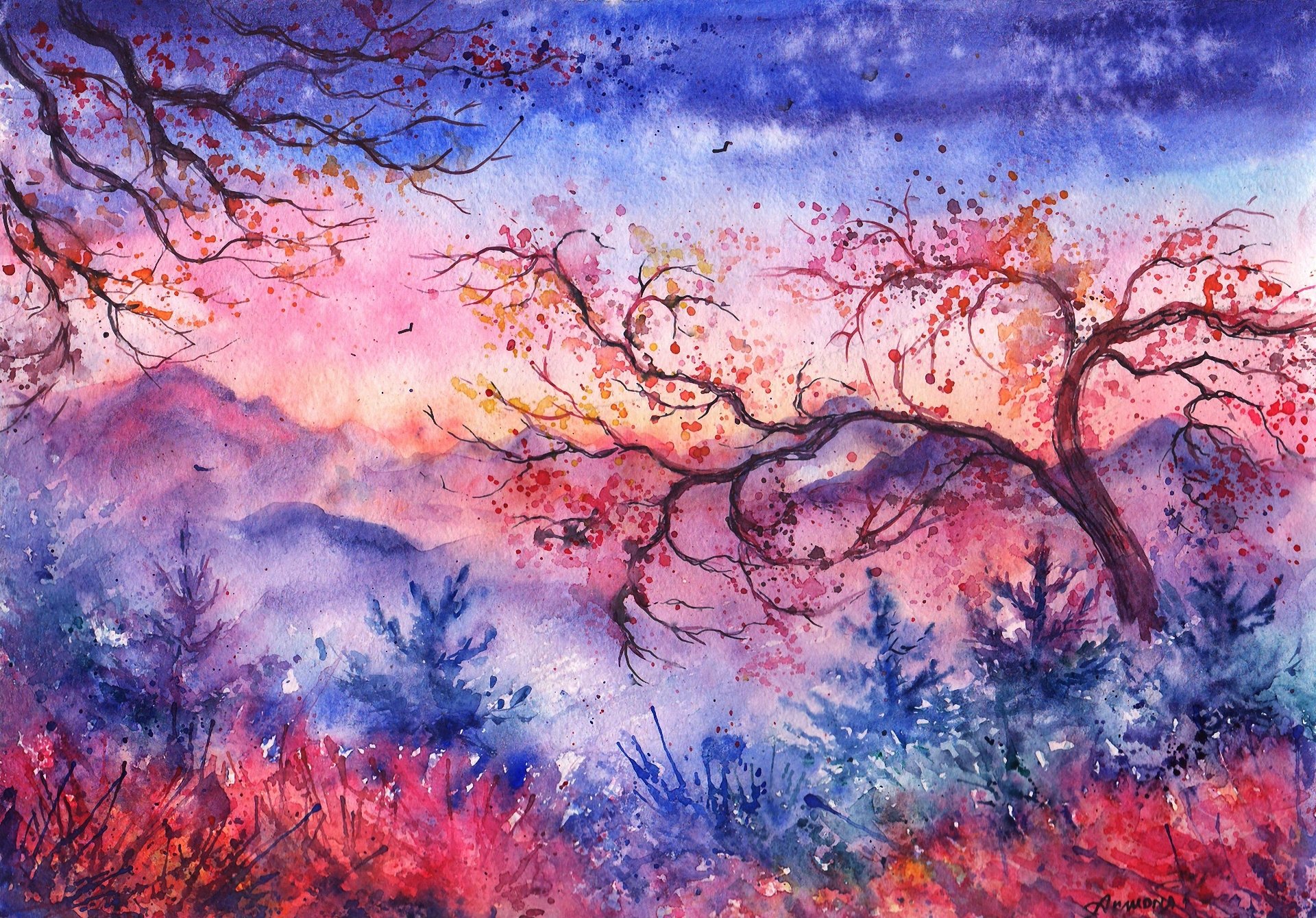 sunset, Mountains, Trees, Christmas, Trees, Birds, Foliage, Watercolor, Evening, Painted, Landscape Wallpaper