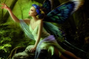 girl, Fairy, Wings, Butterflies, Forest, Stone, Sitting, Hand, Wreath, Flowers