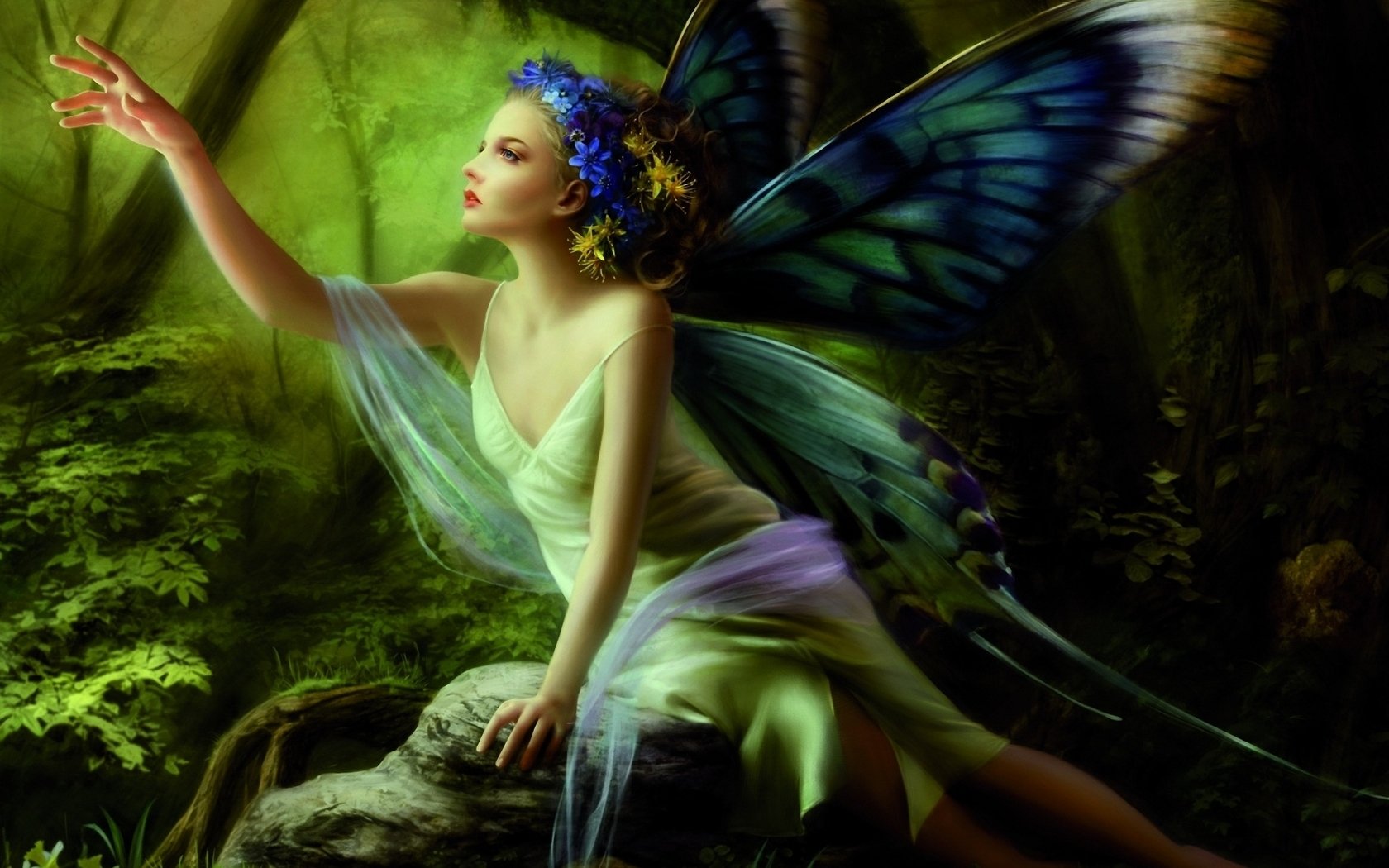 girl, Fairy, Wings, Butterflies, Forest, Stone, Sitting, Hand, Wreath, Flowers Wallpaper
