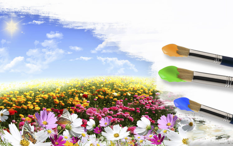 art, Pole, Tsvetov, Sky, Brush, Sun, Summer, Spring, Sky, Clouds, Painting, Brush, Flowers, Fields HD Wallpaper Desktop Background