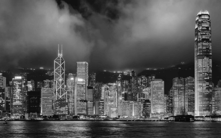 hong, Kong, Buildings, Skyscrapers, Night, Bw, Black, White, Monochrome HD Wallpaper Desktop Background