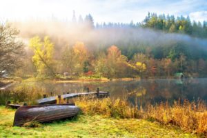 nature, Landscape, Sky, Clouds, Lake, Water, Boats, Trees, Autumn, Fog, Reflection, Fall