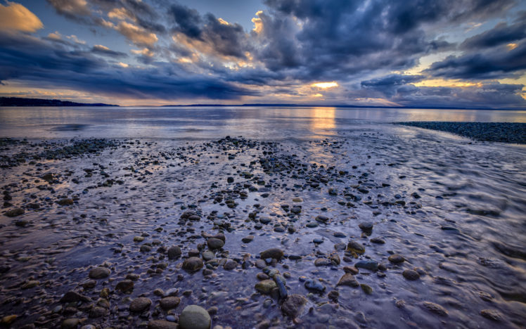 ocean, Rocks, Stones, Clouds, Landscape, Sky, Beaches, Reflection, Ocean, Sea, Sunset, Sunrise HD Wallpaper Desktop Background