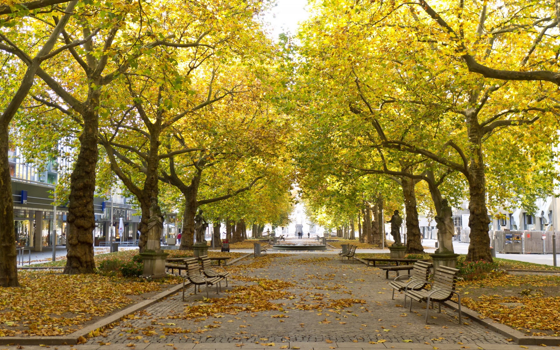 sidewalk, Park, Statue, Sidewalk, Bench, Trees, Leaves, Autumn, Fall, Cities, People Wallpaper