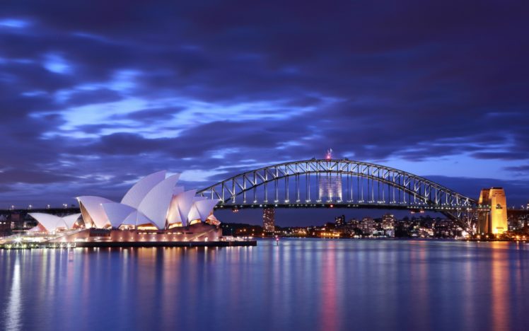 australia, Sydney, Opera, House, Bridge, Evening, Lights, Buildings, Architecture, Roads, Ocean, Sea, Bay, Harbor, Sky, Clouds HD Wallpaper Desktop Background