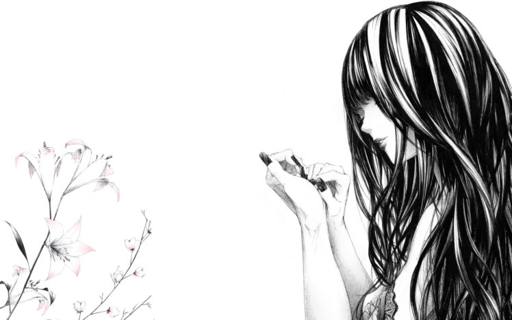 art, Sawasawa, Girl, Nails, Flowers, Lilies, Drawing, Monochrome, Flowers, Black, White, Anime, Women, Femles HD Wallpaper Desktop Background