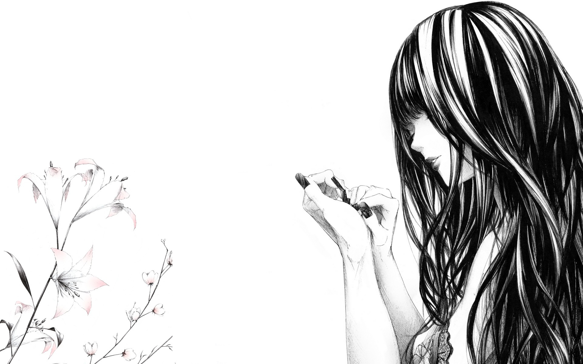 art, Sawasawa, Girl, Nails, Flowers, Lilies, Drawing, Monochrome, Flowers, Black, White, Anime, Women, Femles Wallpaper