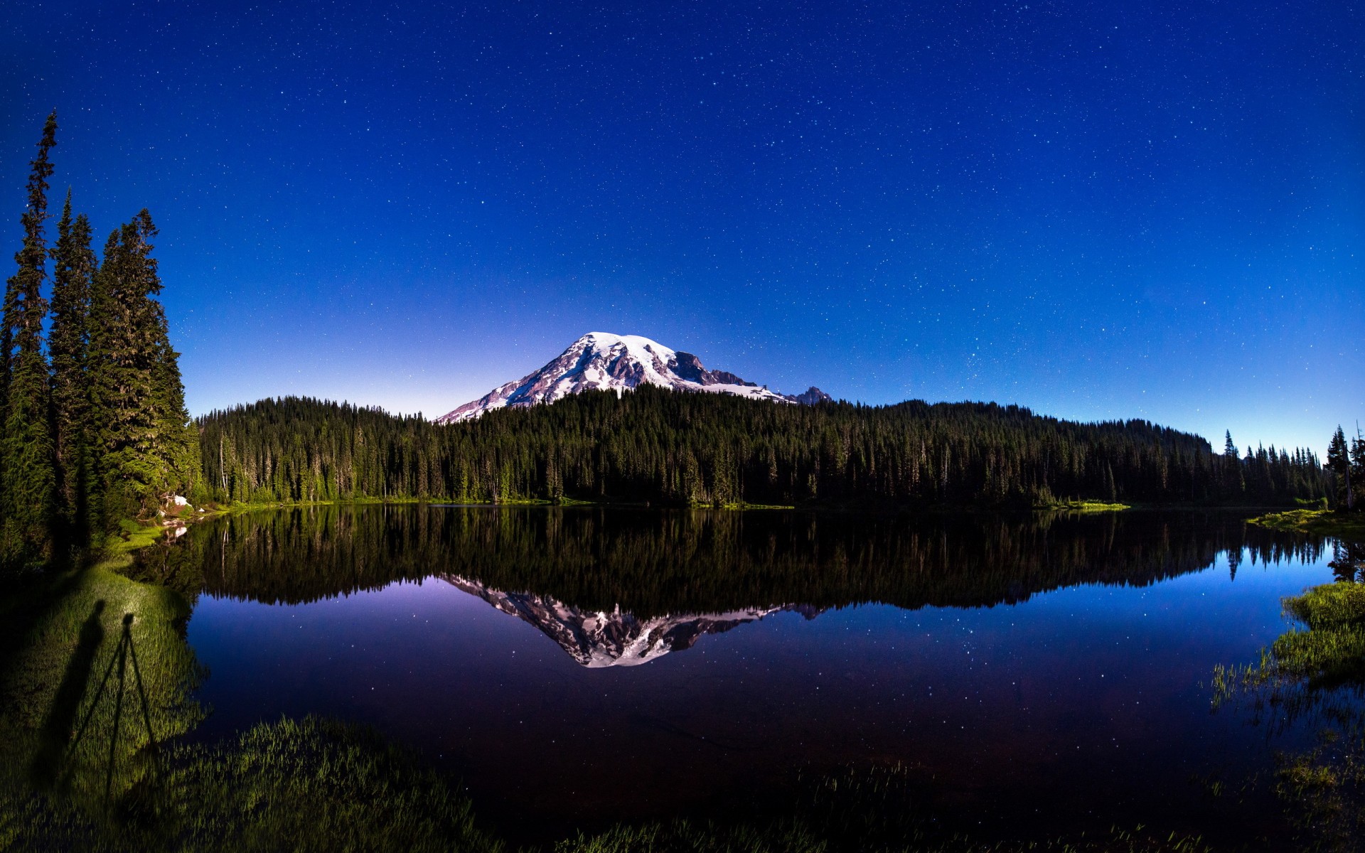 lake, Mountain, Summer, Nature, Landscape, Reflection, Trees, Forest, Stars, Sky, Night, Shore, Snow Wallpaper