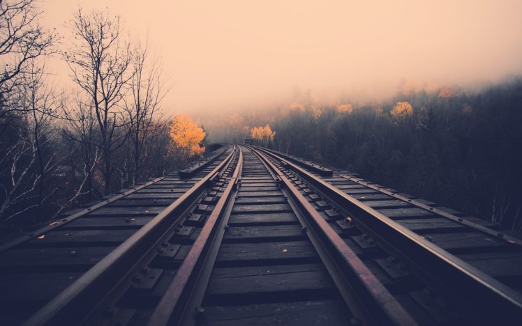 train, Tracks, Railroad, Stell, Metal, Trees, Landscapes, Autumn, Fall, Haze, Fog, Mist HD Wallpaper Desktop Background
