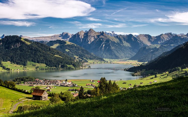 mountains, Lake, Switzerland, Homes, Valley HD Wallpaper Desktop Background