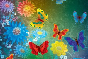 abstract, Colorful, Butterflies, Flowers