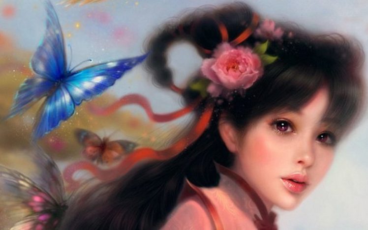 girl, Butterfly, Rose, Flower, Beautiful, Long, Hair HD Wallpaper Desktop Background