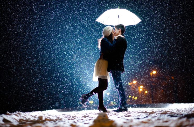 kiss, Girl, Boy, Couple, Night, Light, Snow HD Wallpaper Desktop Background