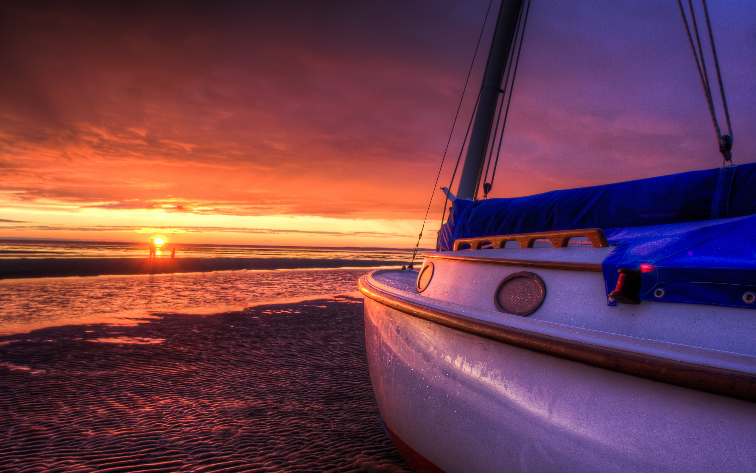 nature, Landscape, Sky, Clouds, Sunset, Beach, Sun, Sea, Boats, Waves Wallpaper