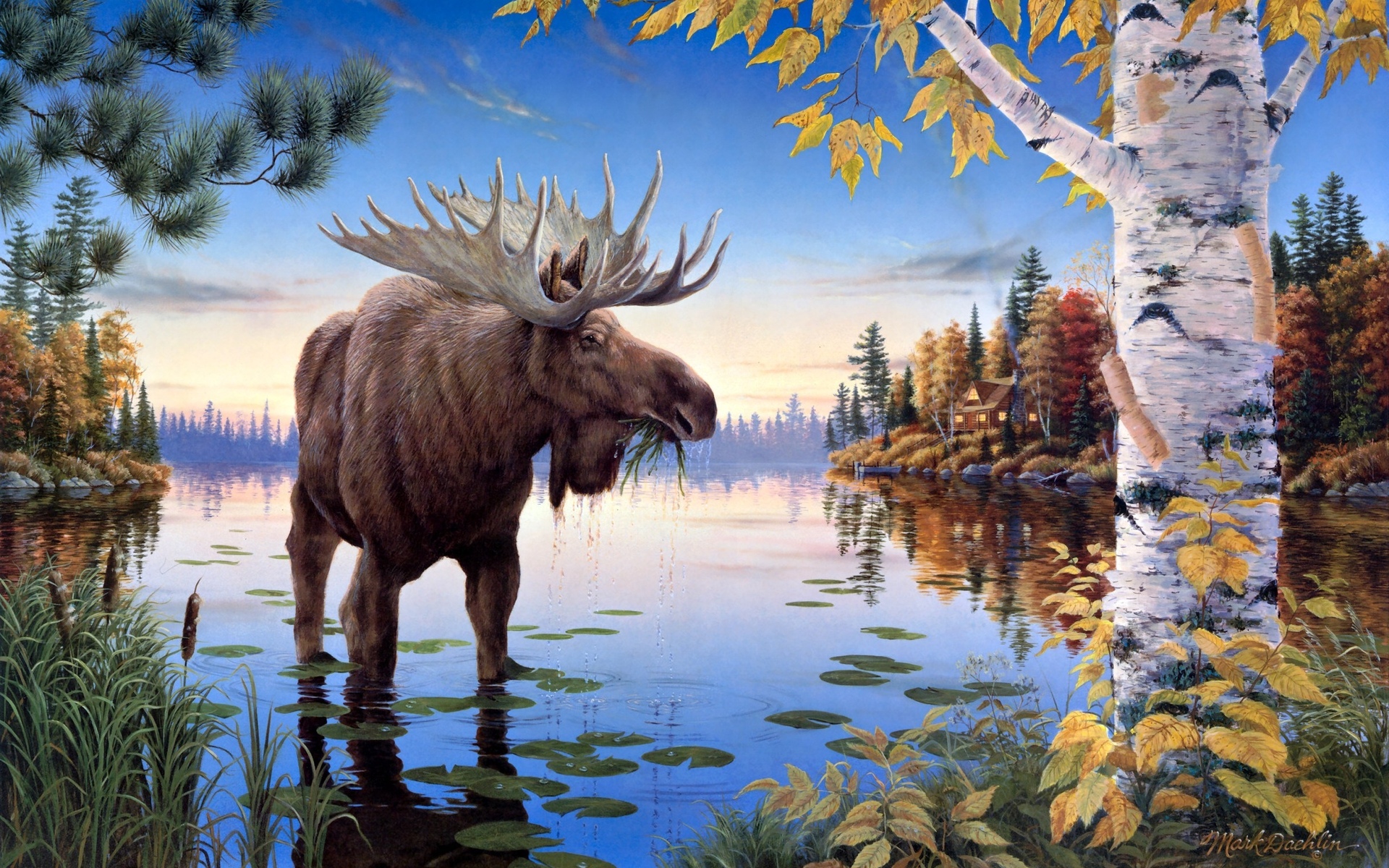 moose, Art, Mark, Daehlin, Painting, Nature, Lakes, Water, Reflection, Shore, Trees, Forest, Sky, Autumn, Fall Wallpaper