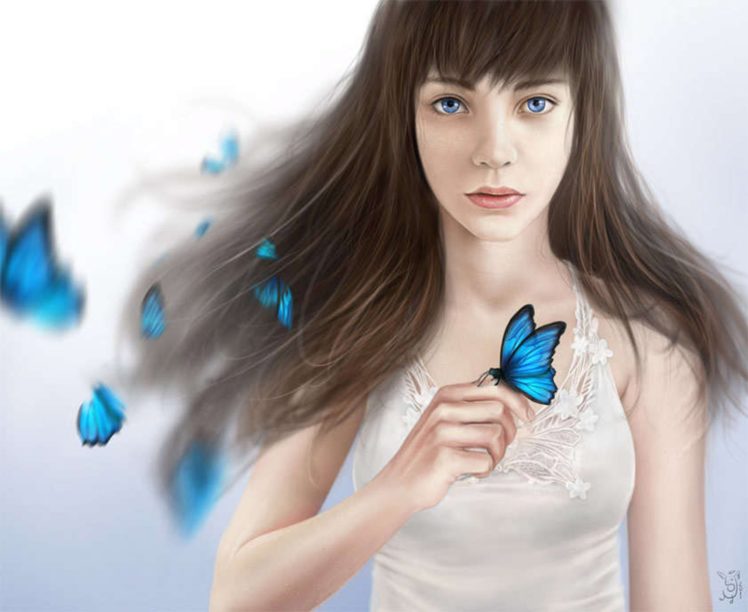fantsy, Girl, Butterfly, Blue, Eyes, Long, Hair HD Wallpaper Desktop Background