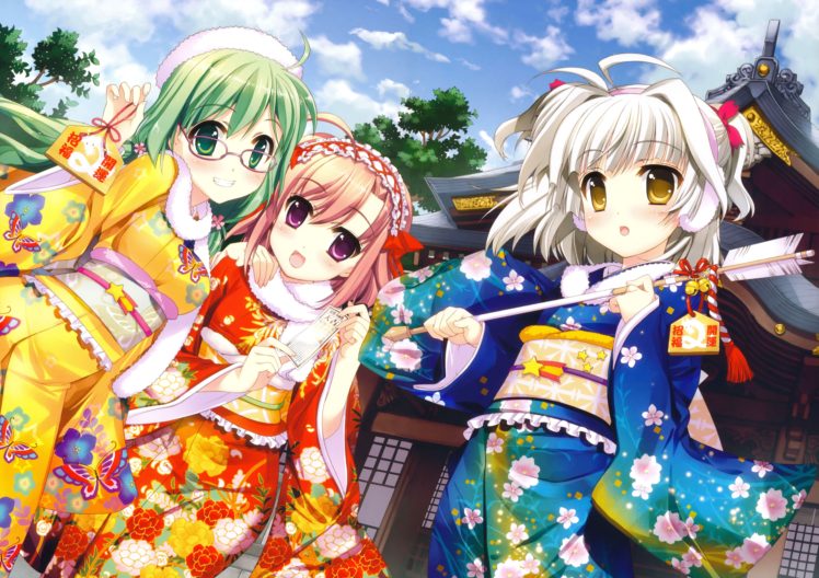 anime, Girls, Kimono, Archery, Arrows, Blush, Brown, Hair, Bugs, Butterflies, Clouds HD Wallpaper Desktop Background